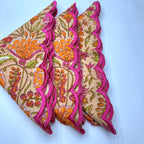 Orange Hand Block Printed Napkins: Embroidered Scallop Edge, Sustainable Cotton