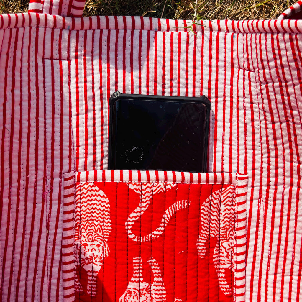 Red Leopard Tiger Print Quilted Cotton Tote Bag