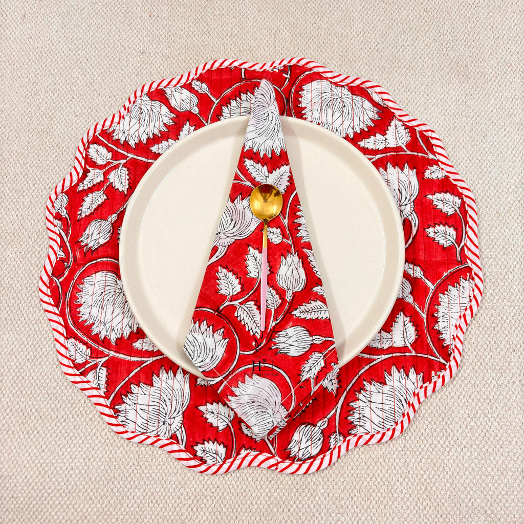 Handcrafted Red Floral Quilted Placemat & Napkin Set: Cotton Dining Decor