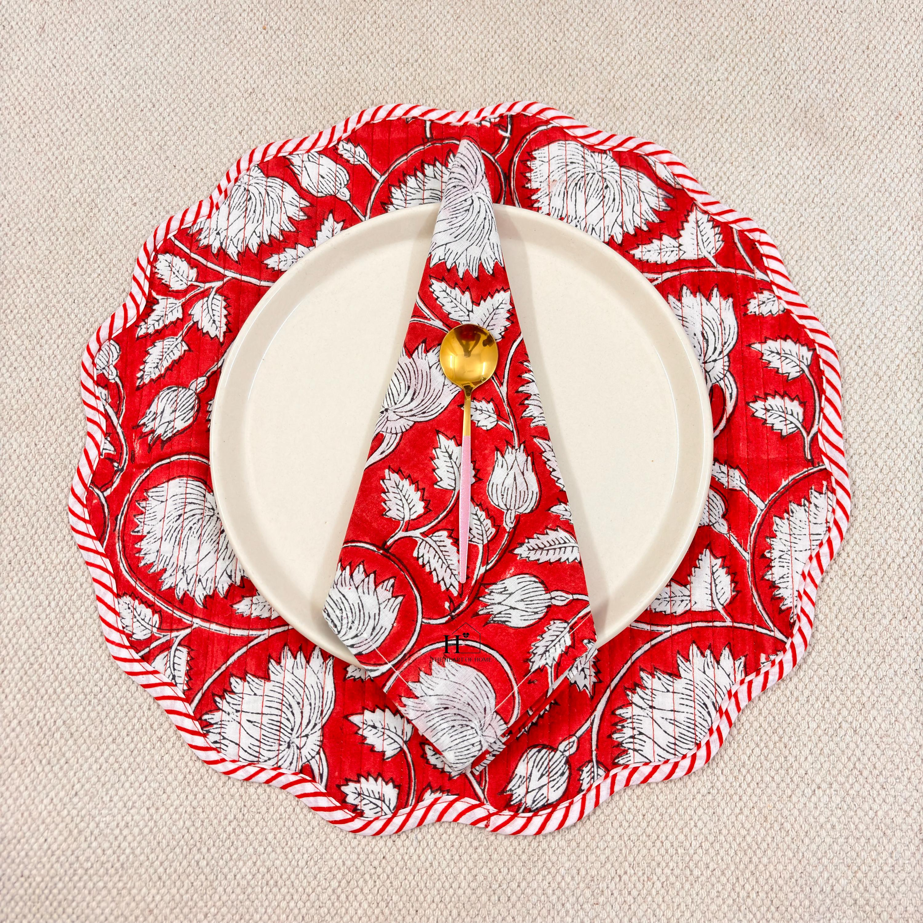 Handcrafted Red Floral Quilted Placemat & Napkin Set: Cotton Dining Decor