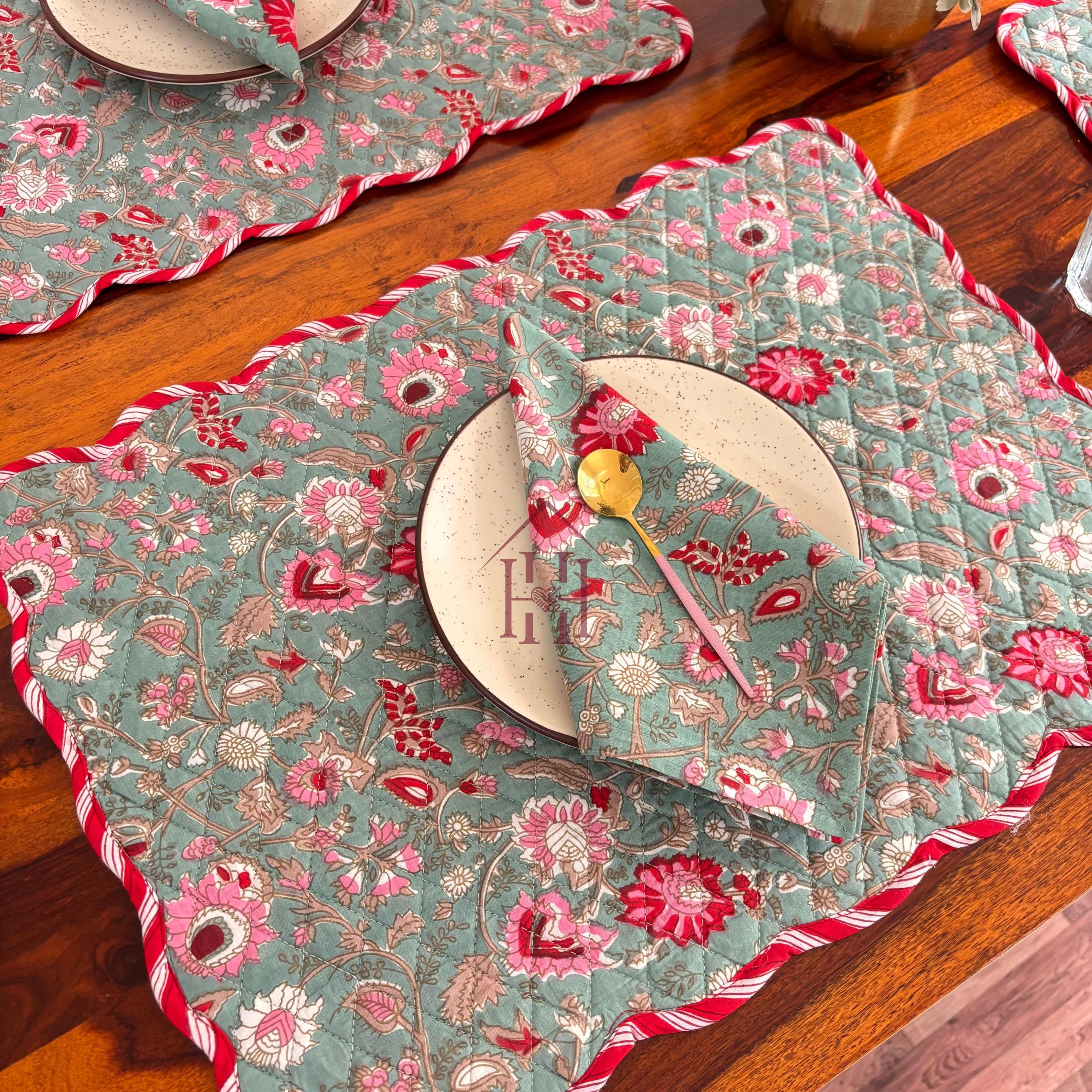 Cotton quilted mats hand block printed christmas green 14x20 Inch Reversible 100% Cotton, Washable, Soft & Absorbent, Perfect for Wedding