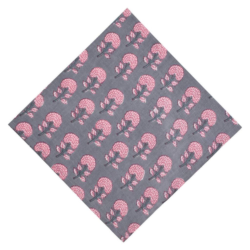 Hand Block Printed Cotton Napkins: Grey & Pink Floral Table Decor