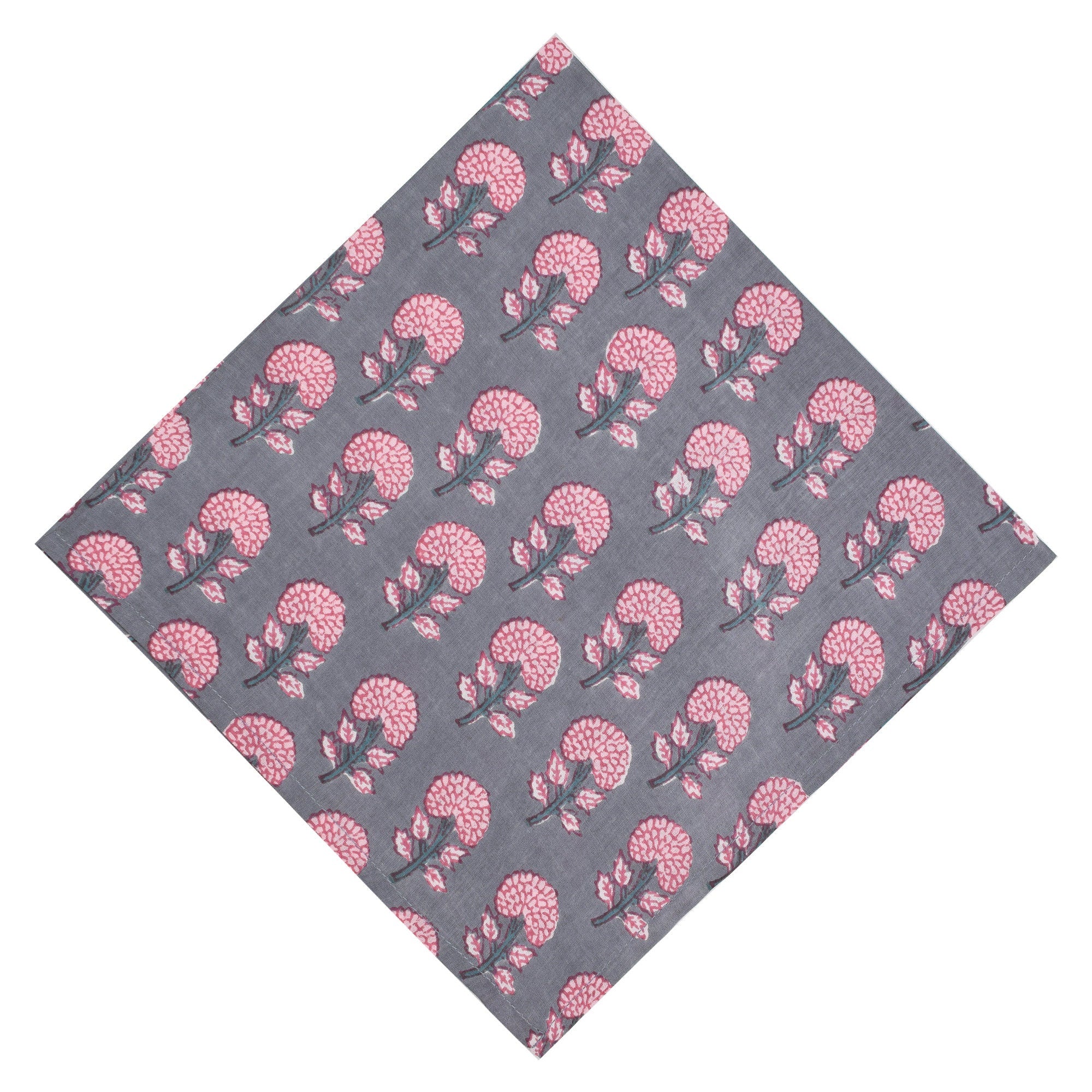 Hand Block Printed Cotton Napkins: Grey & Pink Floral Table Decor