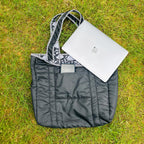 Black Floral Print Quilted Tote Bag: Reversible Waterproof Cotton Travel Bag
