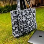 Black Floral Print Quilted Tote Bag: Reversible Waterproof Cotton Travel Bag