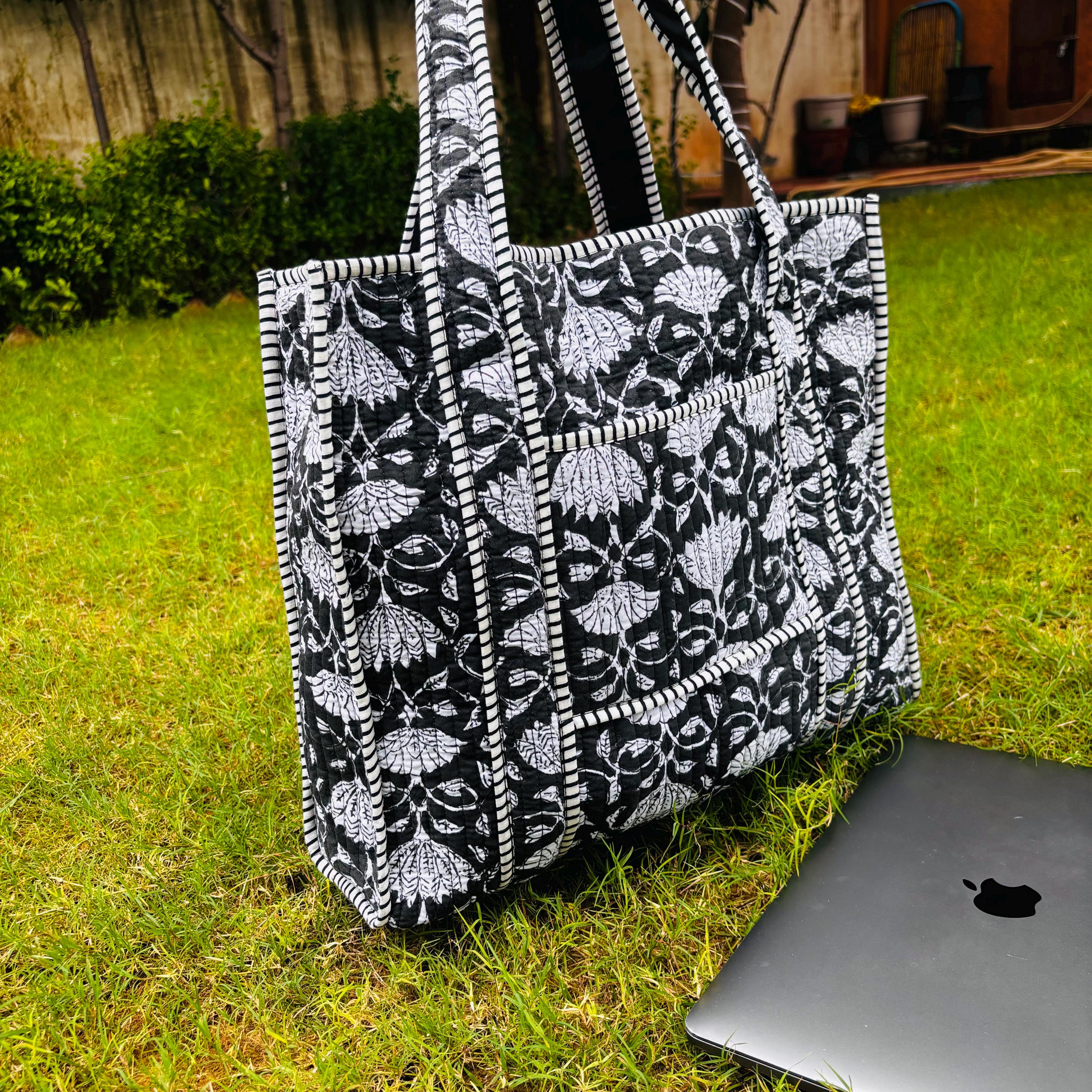 Black Floral Print Quilted Tote Bag: Reversible Waterproof Cotton Travel Bag