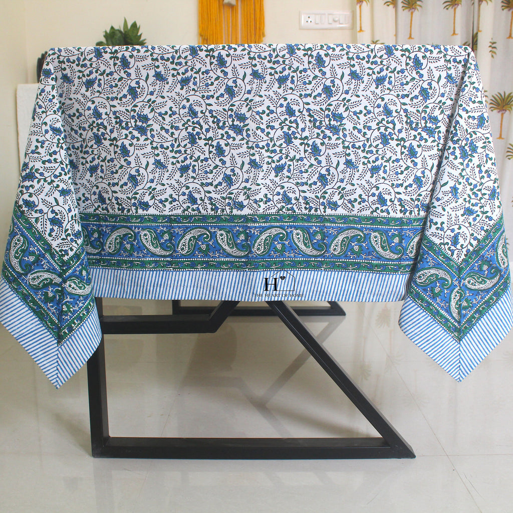 Blue Floral Block Print Tablecloth: Waterproof Cotton Dining Table Cover