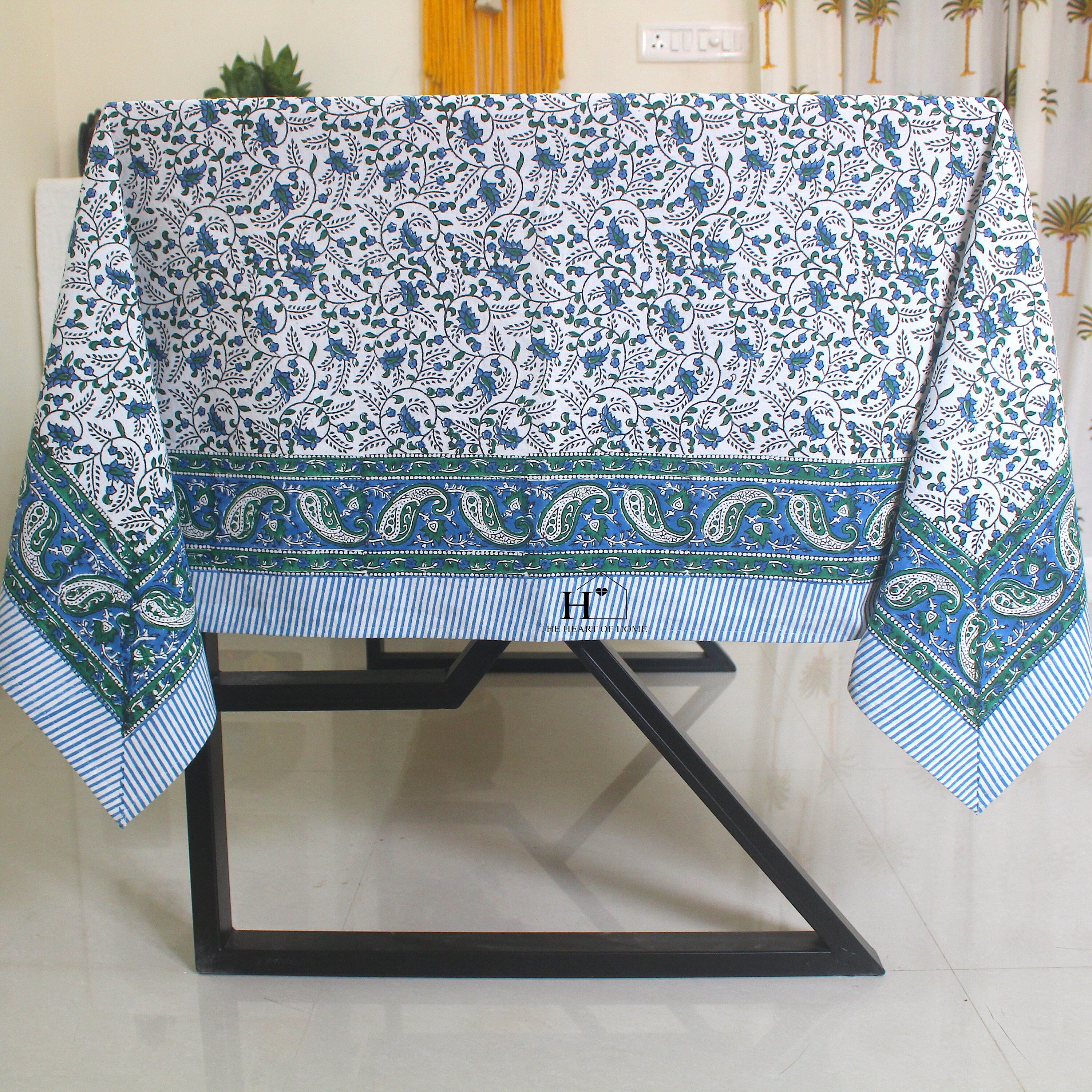 Blue Floral Block Print Tablecloth: Waterproof Cotton Dining Table Cover