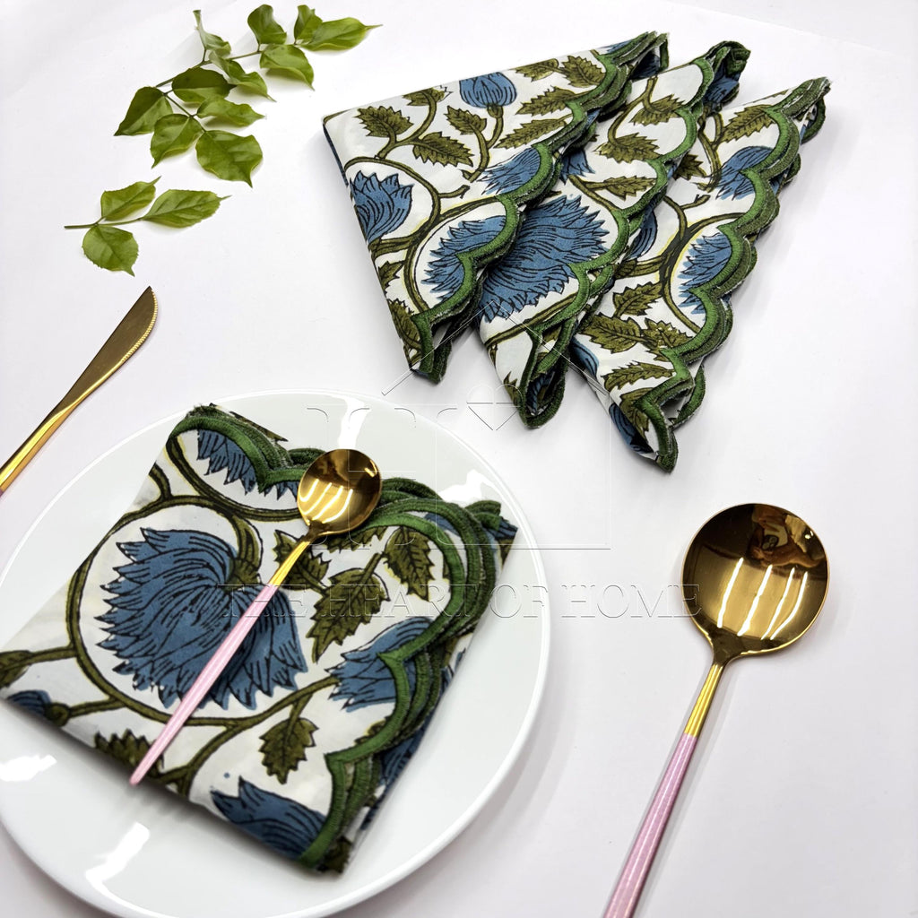 Floral Block Print Napkins: Embroidered Scallop Edge, Sustainable Cotton