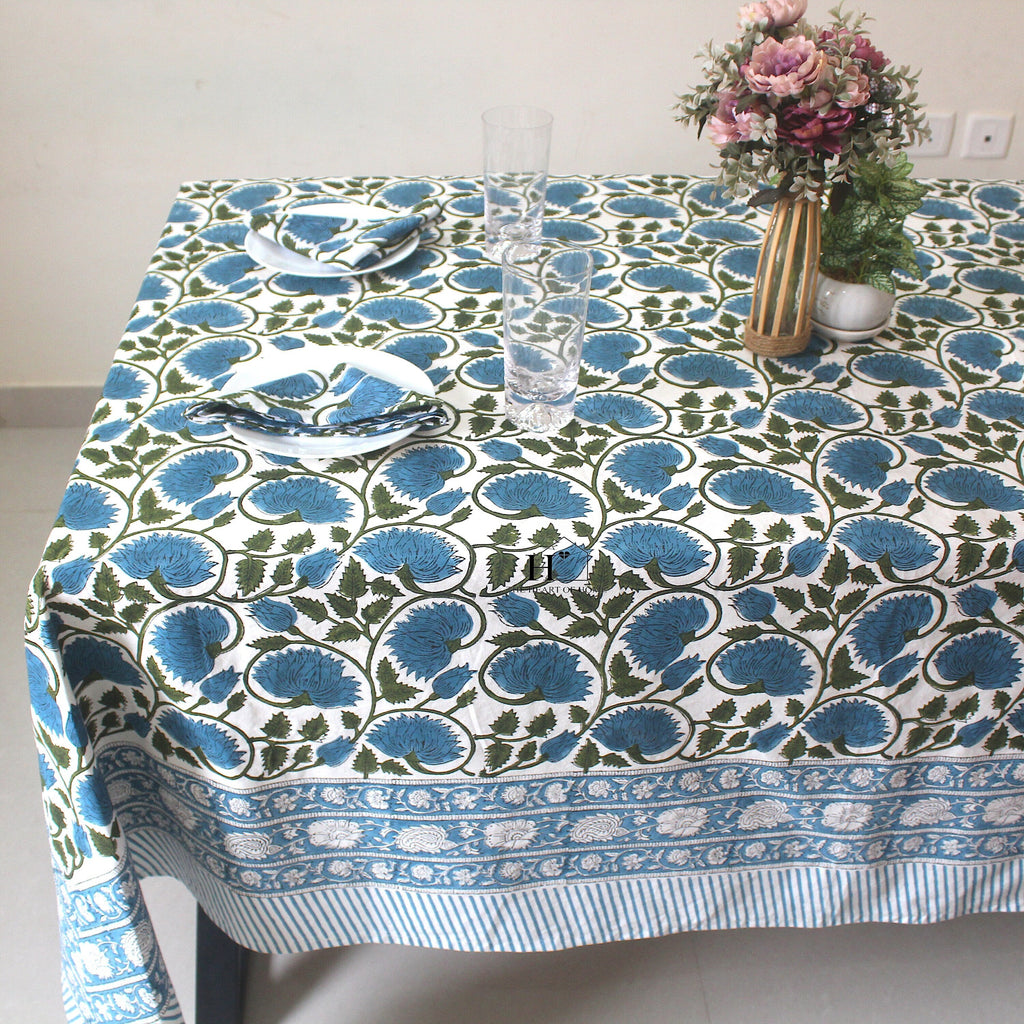 Blue Floral Block Print Cotton Tablecloth: Rustic Farmhouse Dining