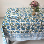 Blue Floral Block Print Cotton Tablecloth: Rustic Farmhouse Dining