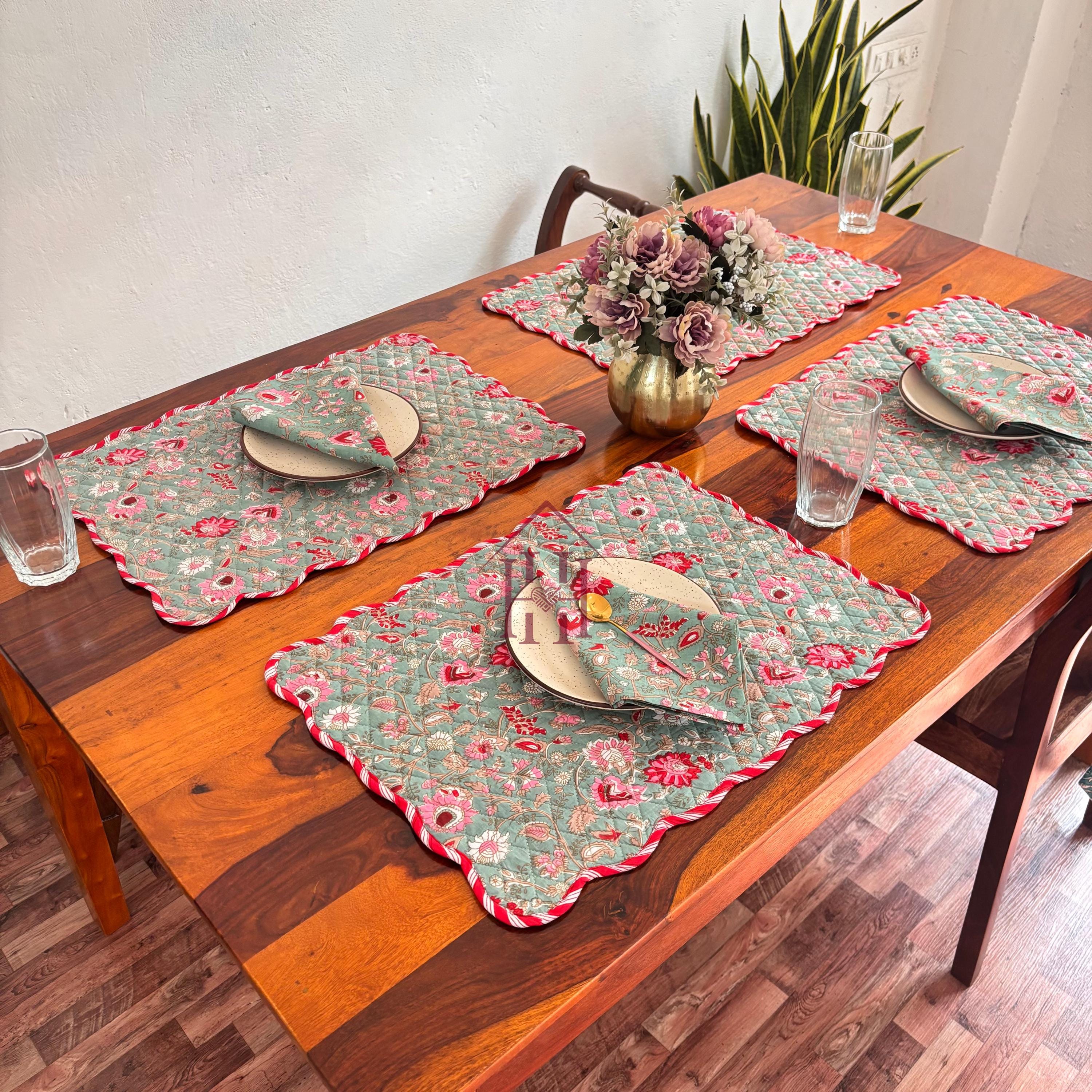 Cotton quilted mats hand block printed christmas green 14x20 Inch Reversible 100% Cotton, Washable, Soft & Absorbent, Perfect for Wedding