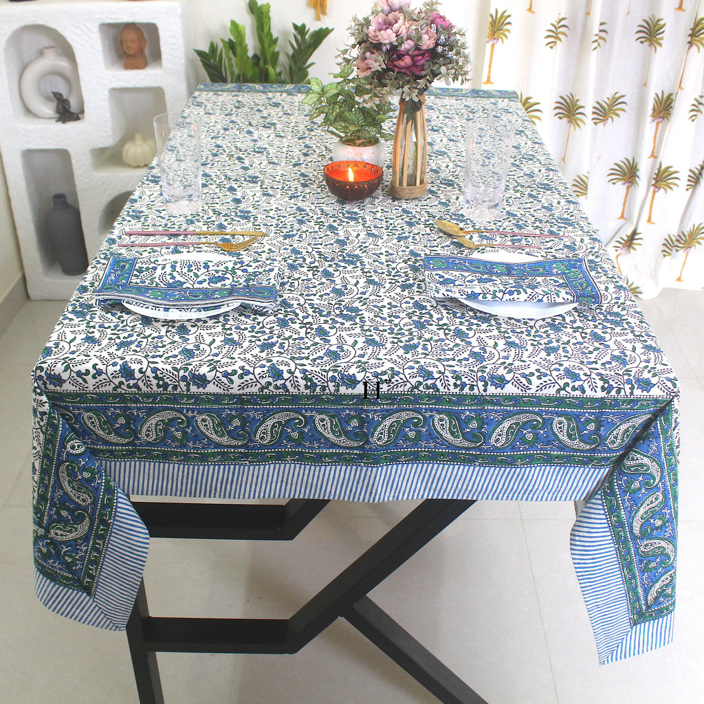 Blue Floral Block Print Tablecloth: Waterproof Cotton Dining Table Cover