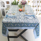 Blue Floral Block Print Tablecloth: Waterproof Cotton Dining Table Cover