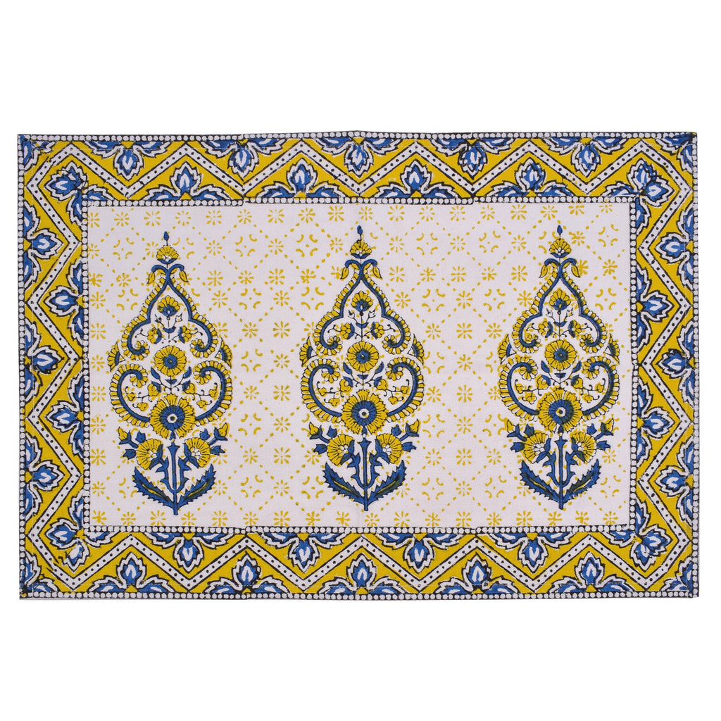Hand Block Printed Placemats and Napkins: Mustard Floral Cotton Dining Set