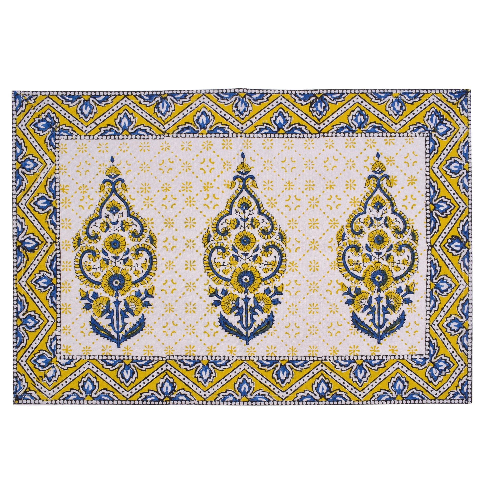 Hand Block Printed Placemats and Napkins: Mustard Floral Cotton Dining Set