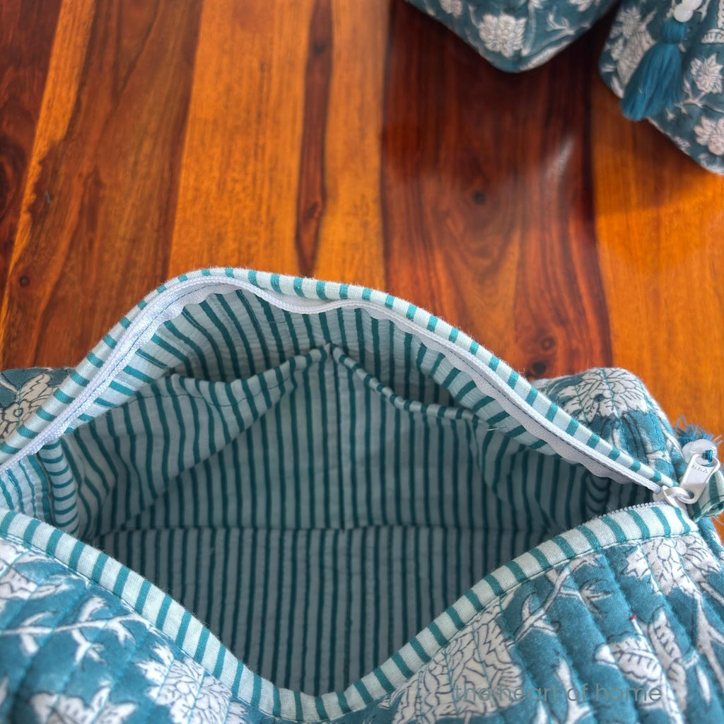Handblock Printed Quilted Cosmetic Pouch Set: Sea Green Travel Bags