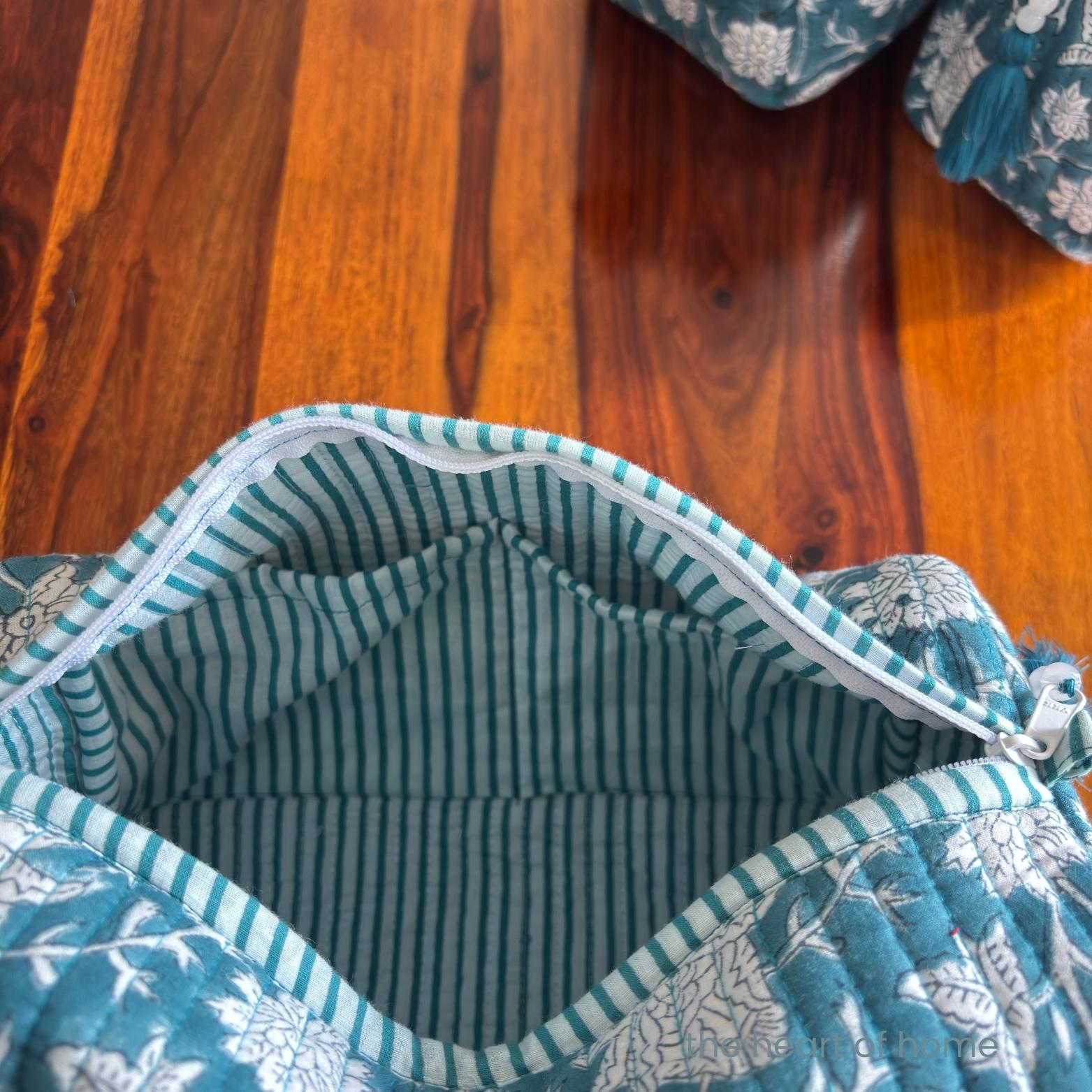 Handblock Printed Quilted Cosmetic Pouch Set: Sea Green Travel Bags