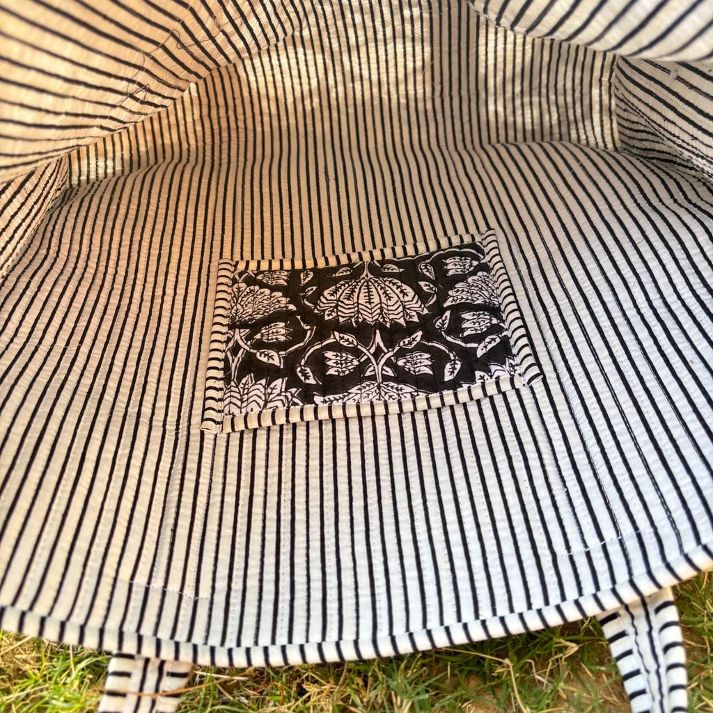 Black Floral Print Quilted Tote Bag: Reversible Waterproof Cotton Travel Bag