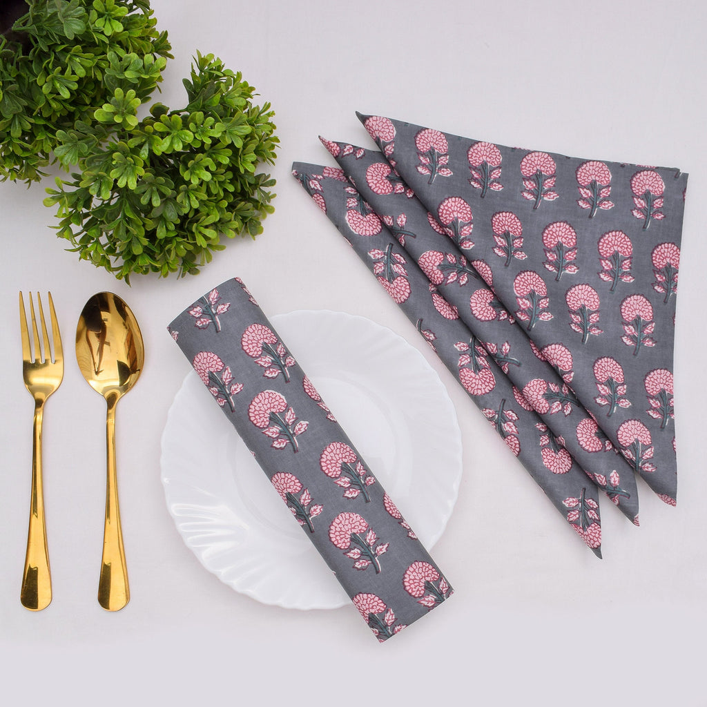 Hand Block Printed Cotton Napkins: Grey & Pink Floral Table Decor