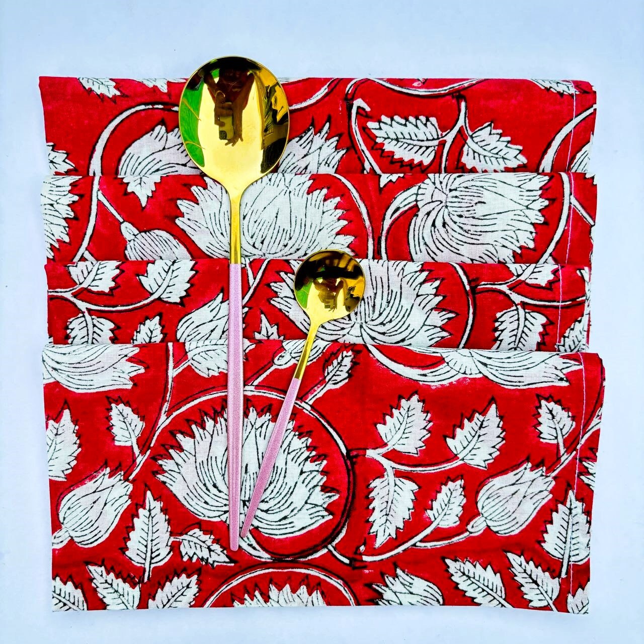 Handmade Red Floral Block Print Napkins: Cotton Table Decor
