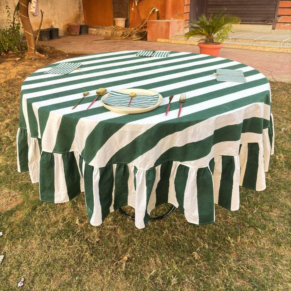Dark Green Stripe Table Cloth for Round Table hand block printed | christmas gift | wedding table deor