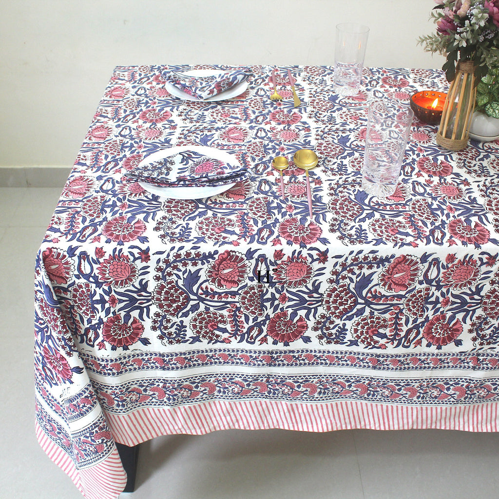 Floral Hand-Block Cotton Tablecloth: Farmhouse Dining, Purple Blooms