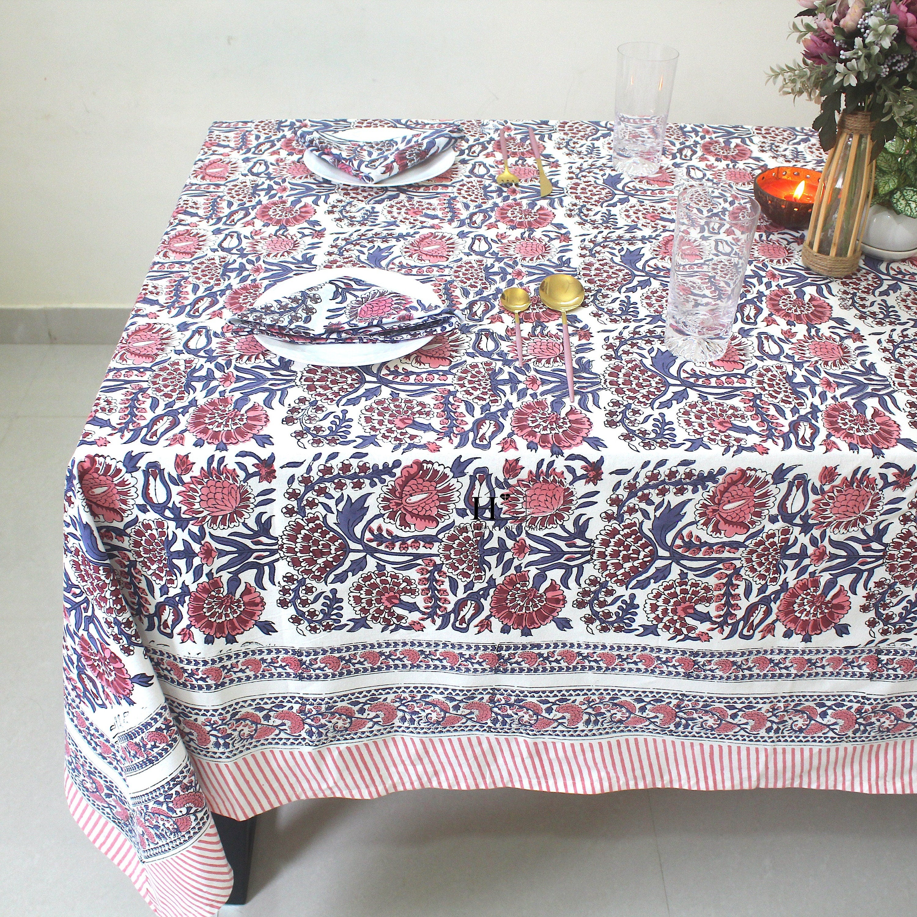 Floral Hand-Block Cotton Tablecloth: Farmhouse Dining, Purple Blooms