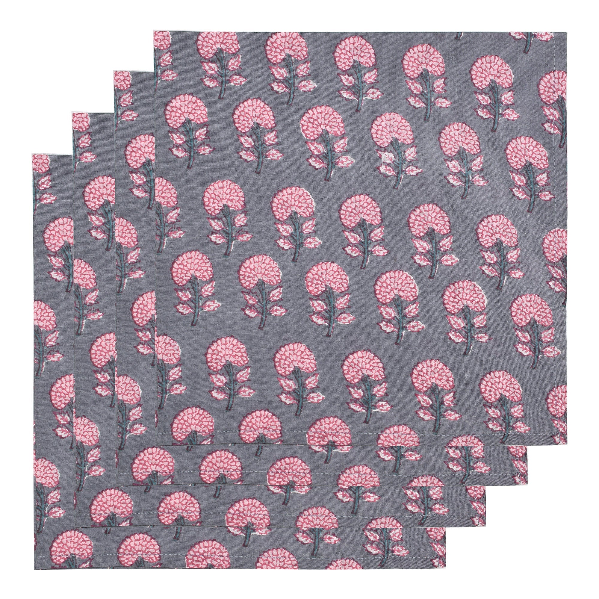 Hand Block Printed Cotton Napkins: Grey & Pink Floral Table Decor