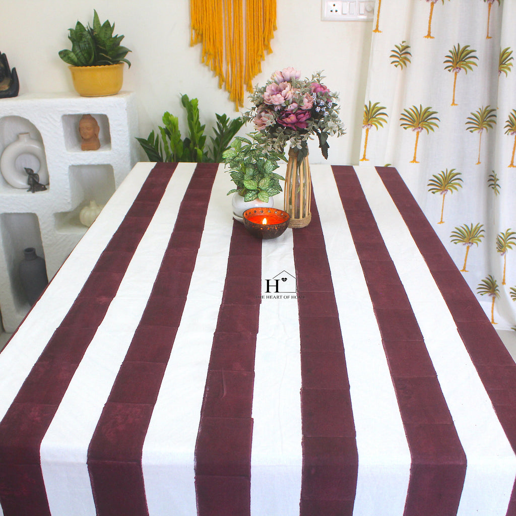 Hand-Block Congo Brown Striped Cotton Tablecloth - Waterproof Rustic Dining
