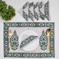 Hand Block Printed Cotton Placemats and Napkins: Gray & Green Floral