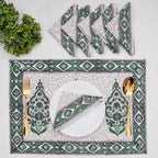 Hand Block Printed Cotton Placemats and Napkins: Gray & Green Floral