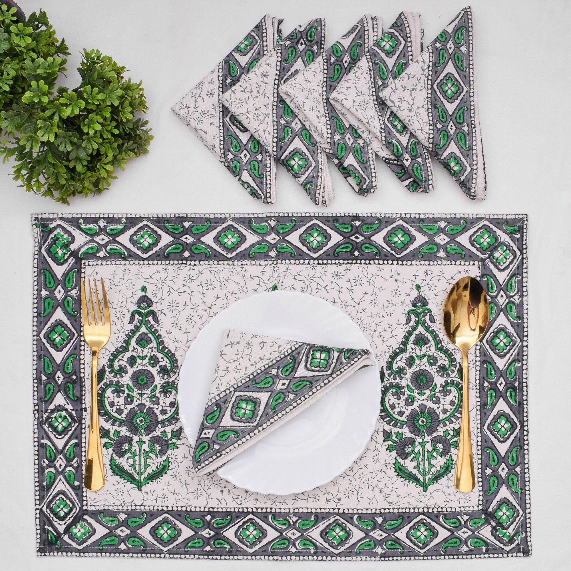 Hand Block Printed Cotton Placemats and Napkins: Gray & Green Floral