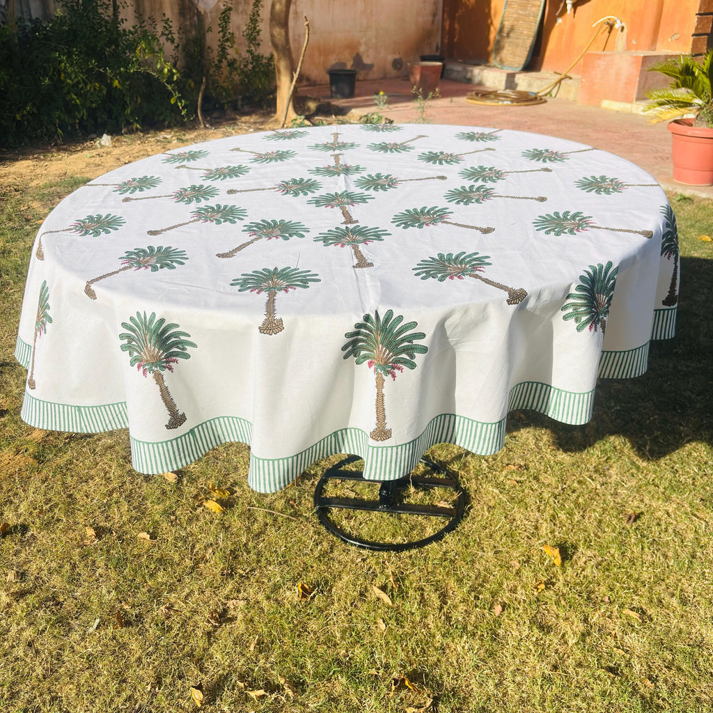 Hand Block Print Tablecloth: Tropical Palm Tree, 72 inch Round Cotton