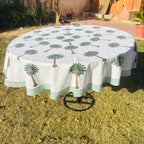 Hand Block Print Tablecloth: Tropical Palm Tree, 72 inch Round Cotton