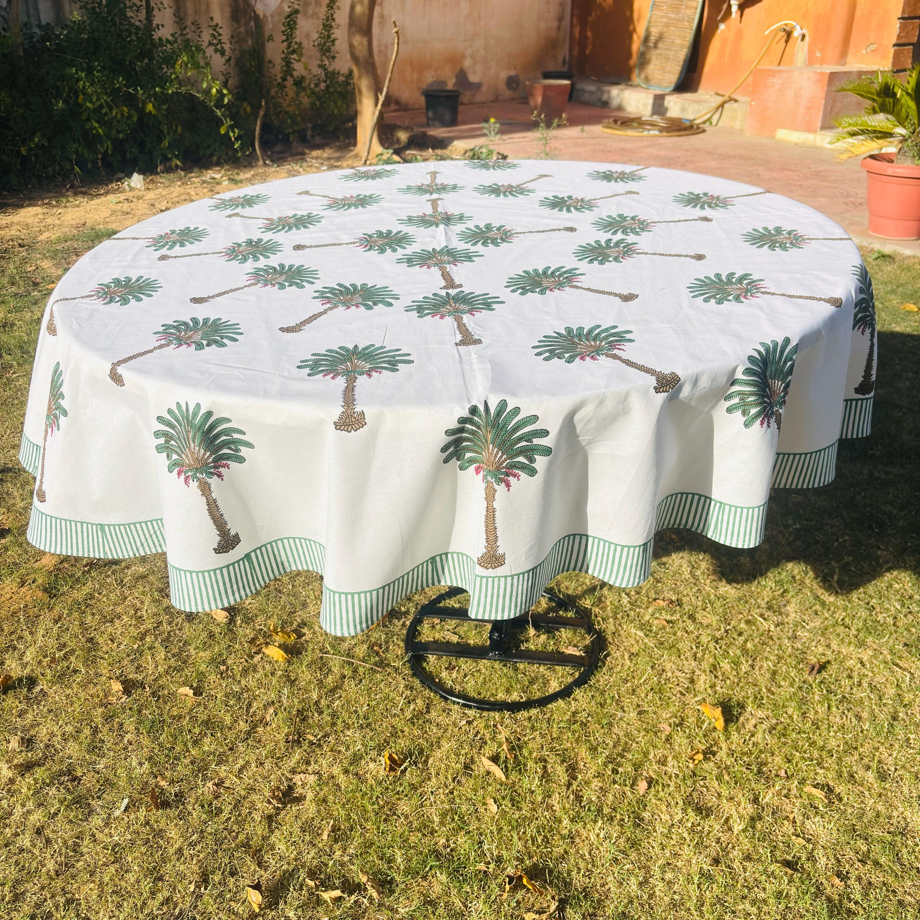 Hand Block Print Tablecloth: Tropical Palm Tree, 72 inch Round Cotton