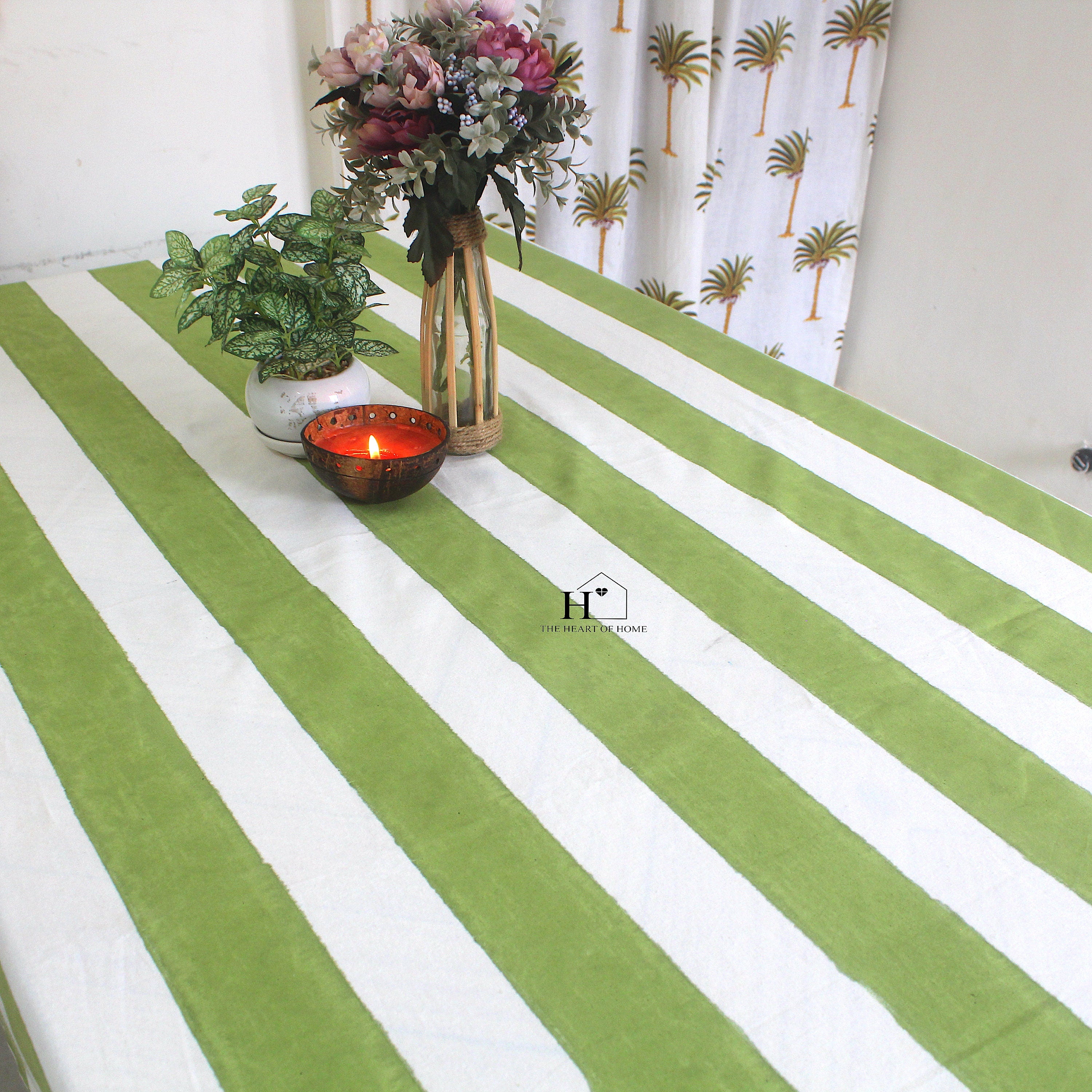 Hand-Block Printed Cotton Tablecloth: Green Stripe Minimalist Decor