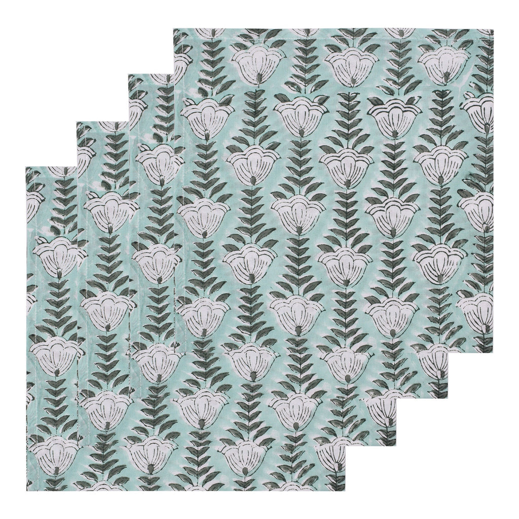 Sage Green Floral Napkins: Hand Block Printed Cotton Cloth