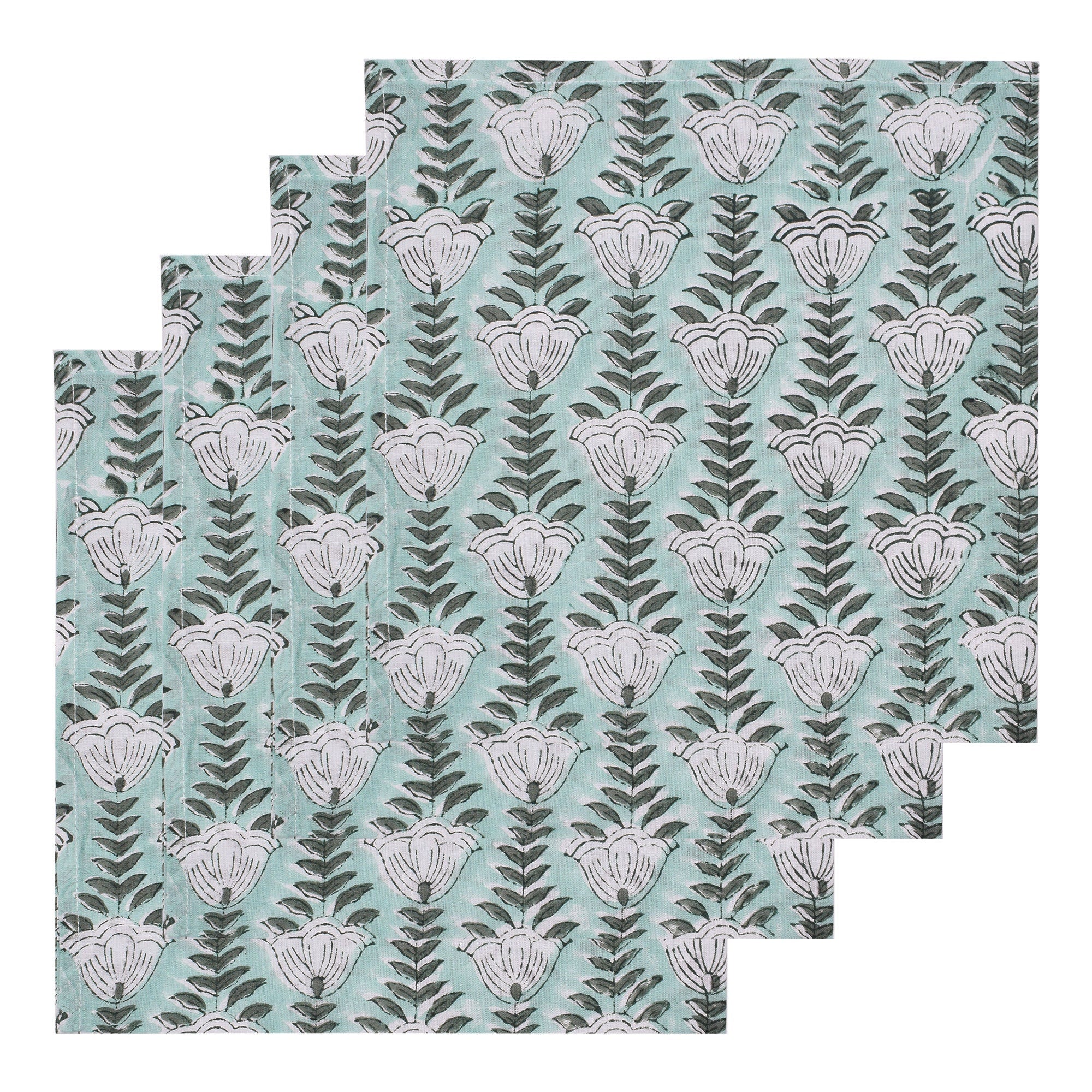 Sage Green Floral Napkins: Hand Block Printed Cotton Cloth
