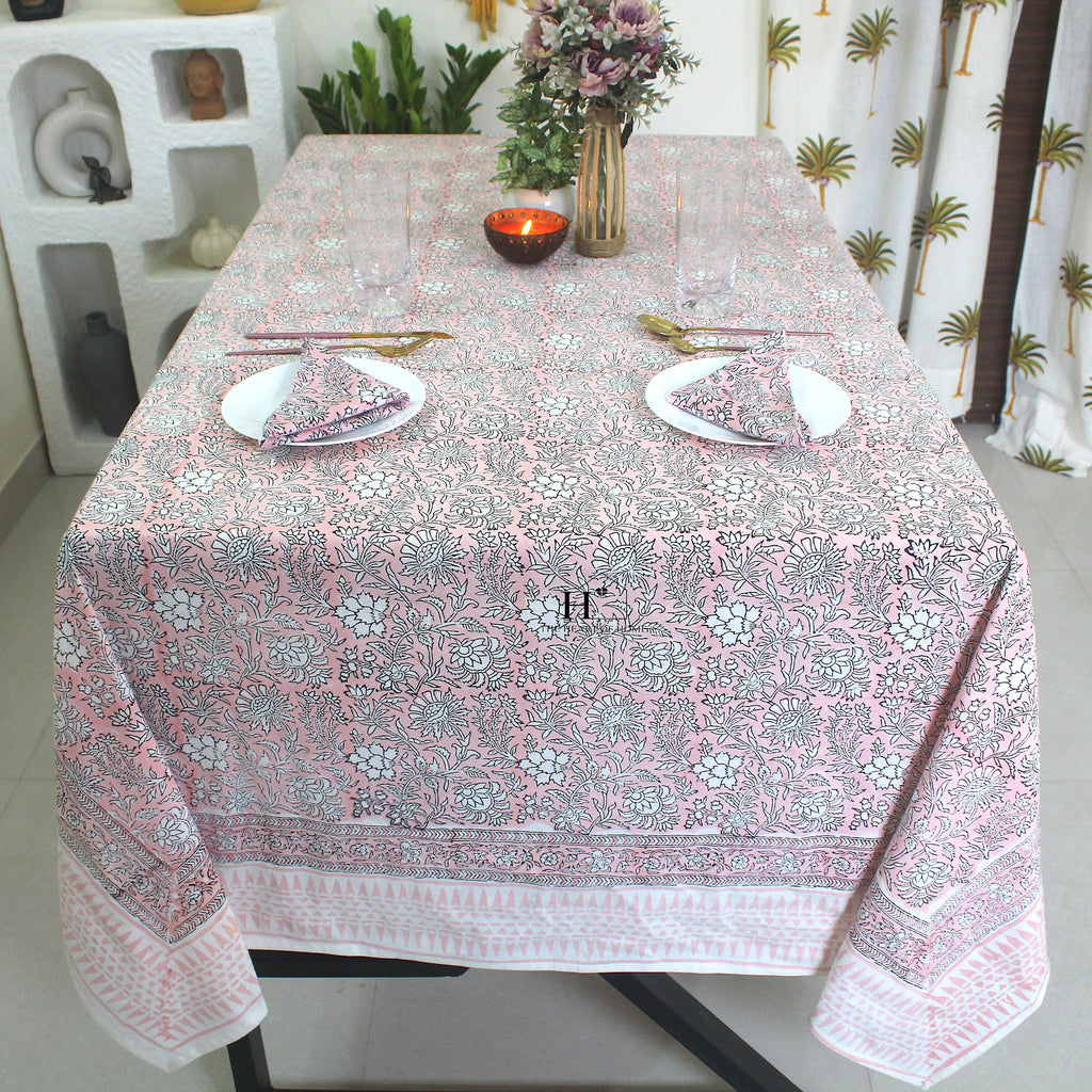 Pink Floral Block Print Cotton Tablecloth - Farmhouse Dining Cover