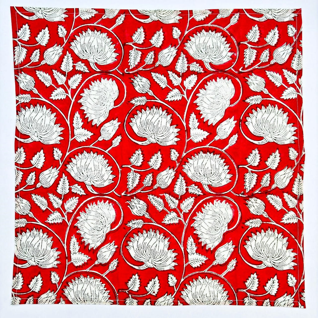 Handmade Red Floral Block Print Napkins: Cotton Table Decor
