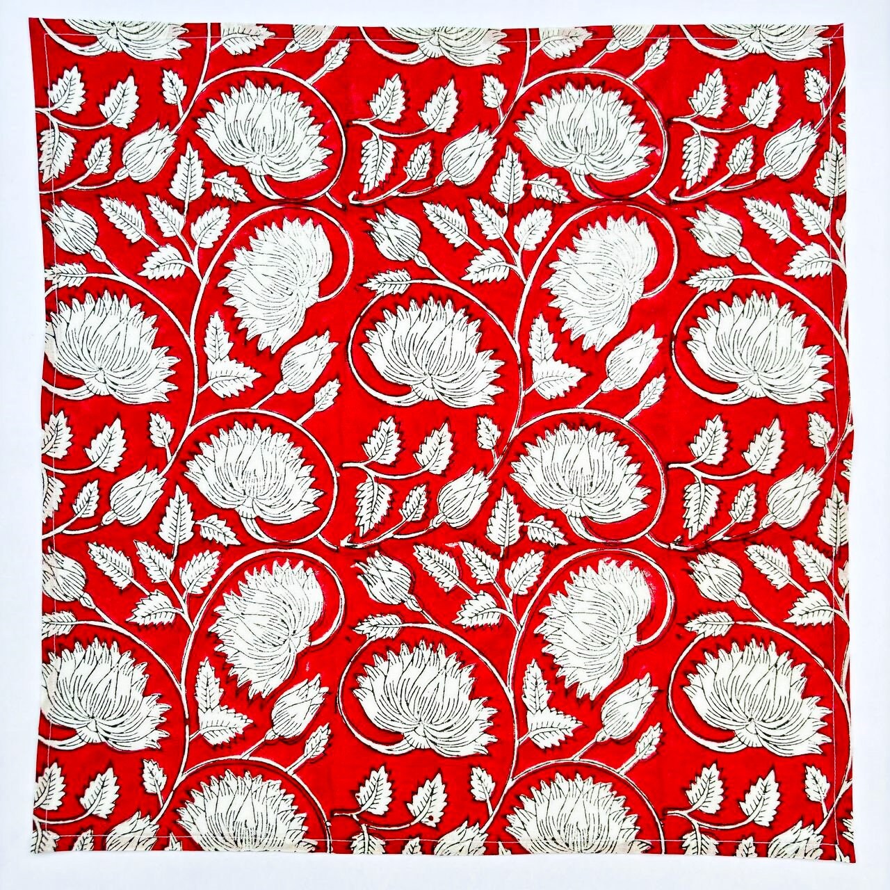 Handmade Red Floral Block Print Napkins: Cotton Table Decor
