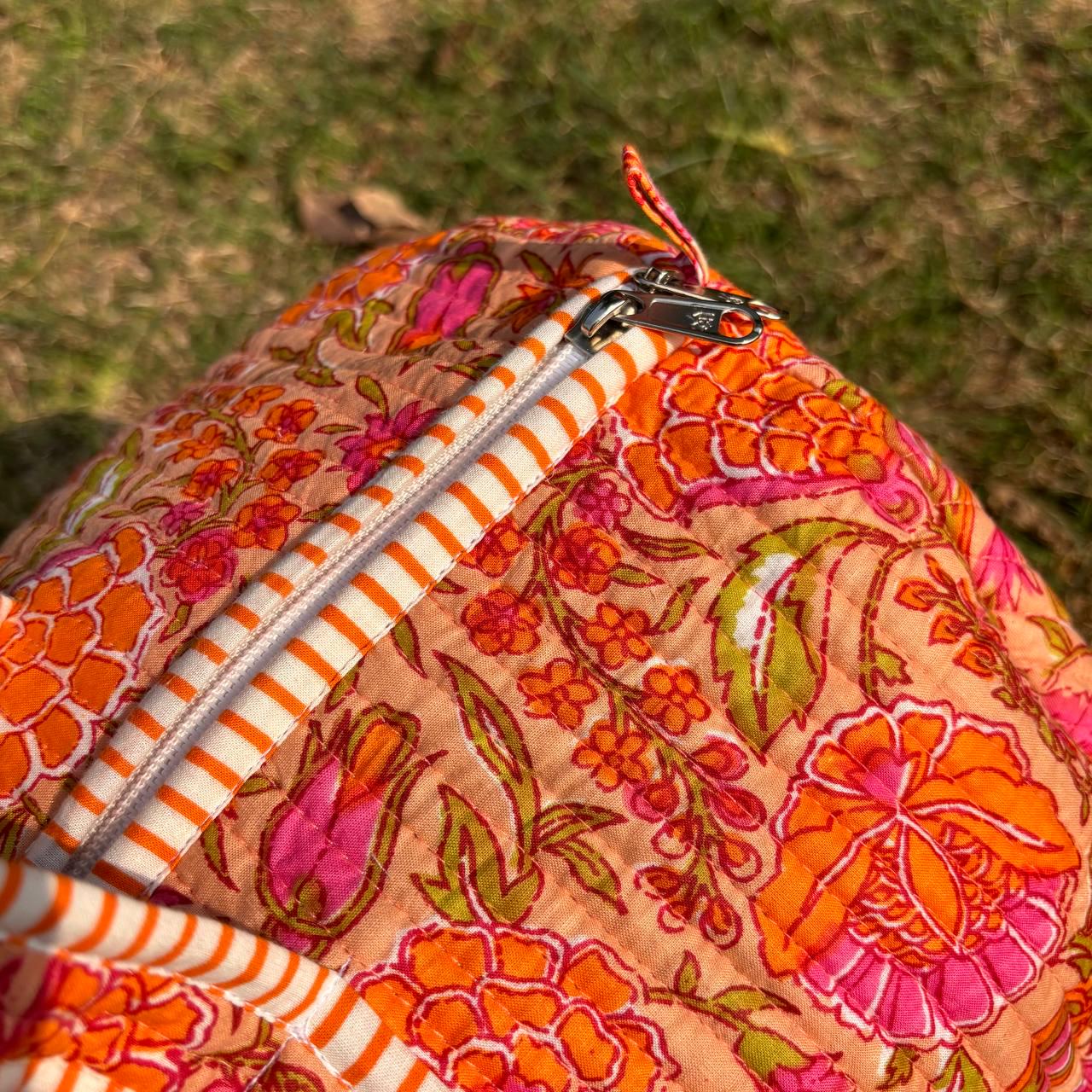 Large Orange pink Cotton Quilted Duffle Bags Block print Gifts Handmade Colorful Travel night Travel Gym Yoga Luggage pocket 18x9x9 inches