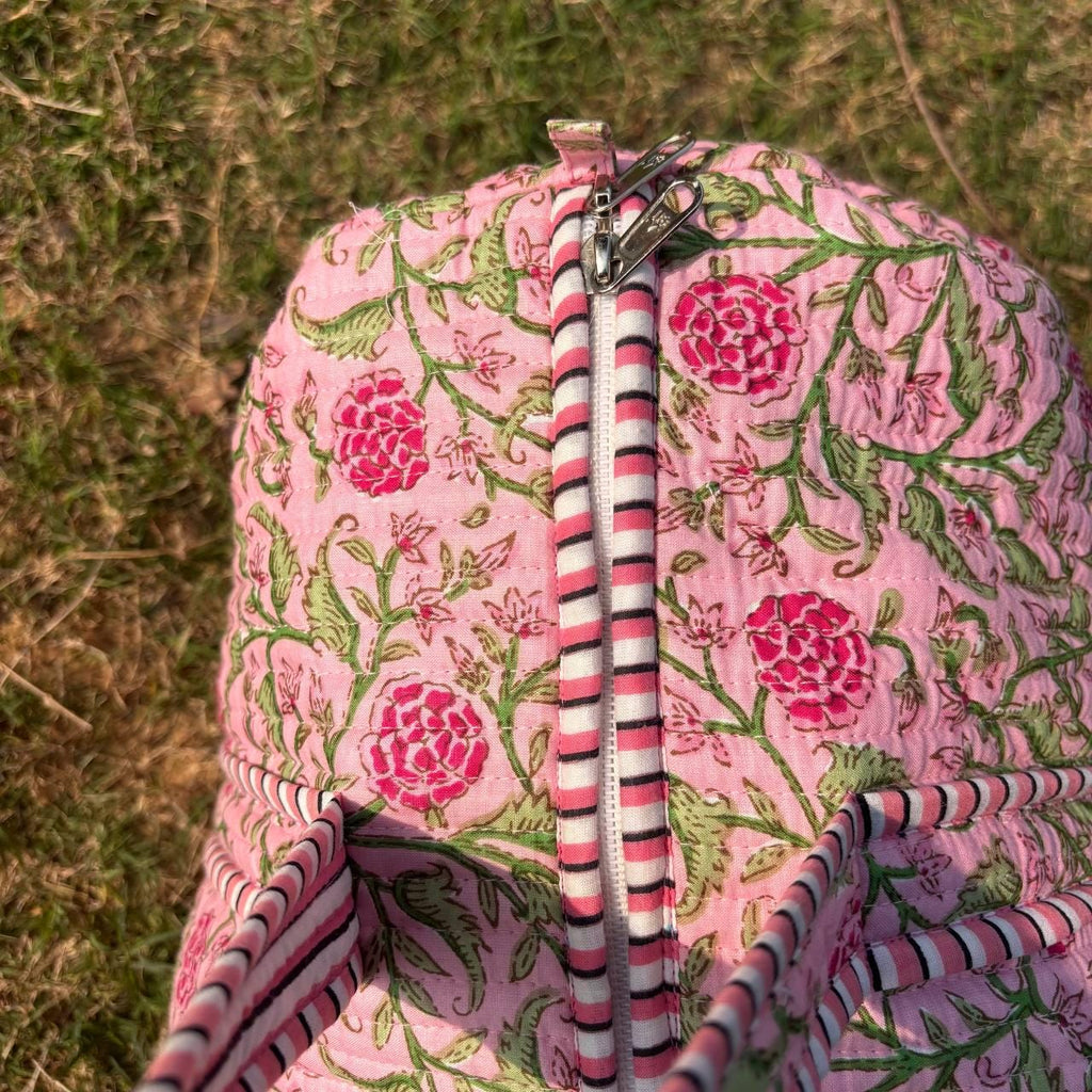 Large Rose pink Cotton Quilted Duffle Bags Block print Gifts Handmade Colorful Travel night Travel Gym Yoga Luggage pocket 18x9x9 inches