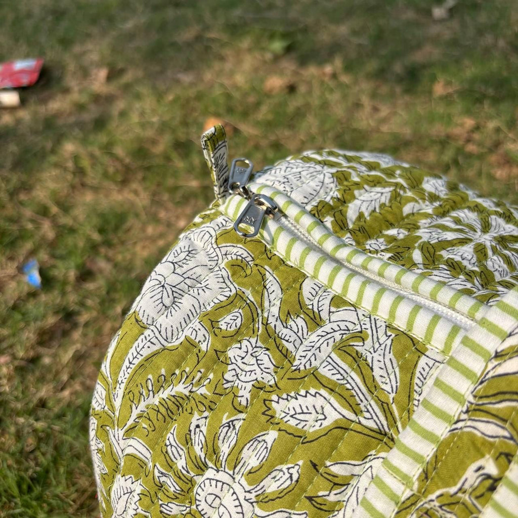 Handmade Limerick Green Floral Quilted Duffle Bag: Cotton Travel Gym Bag