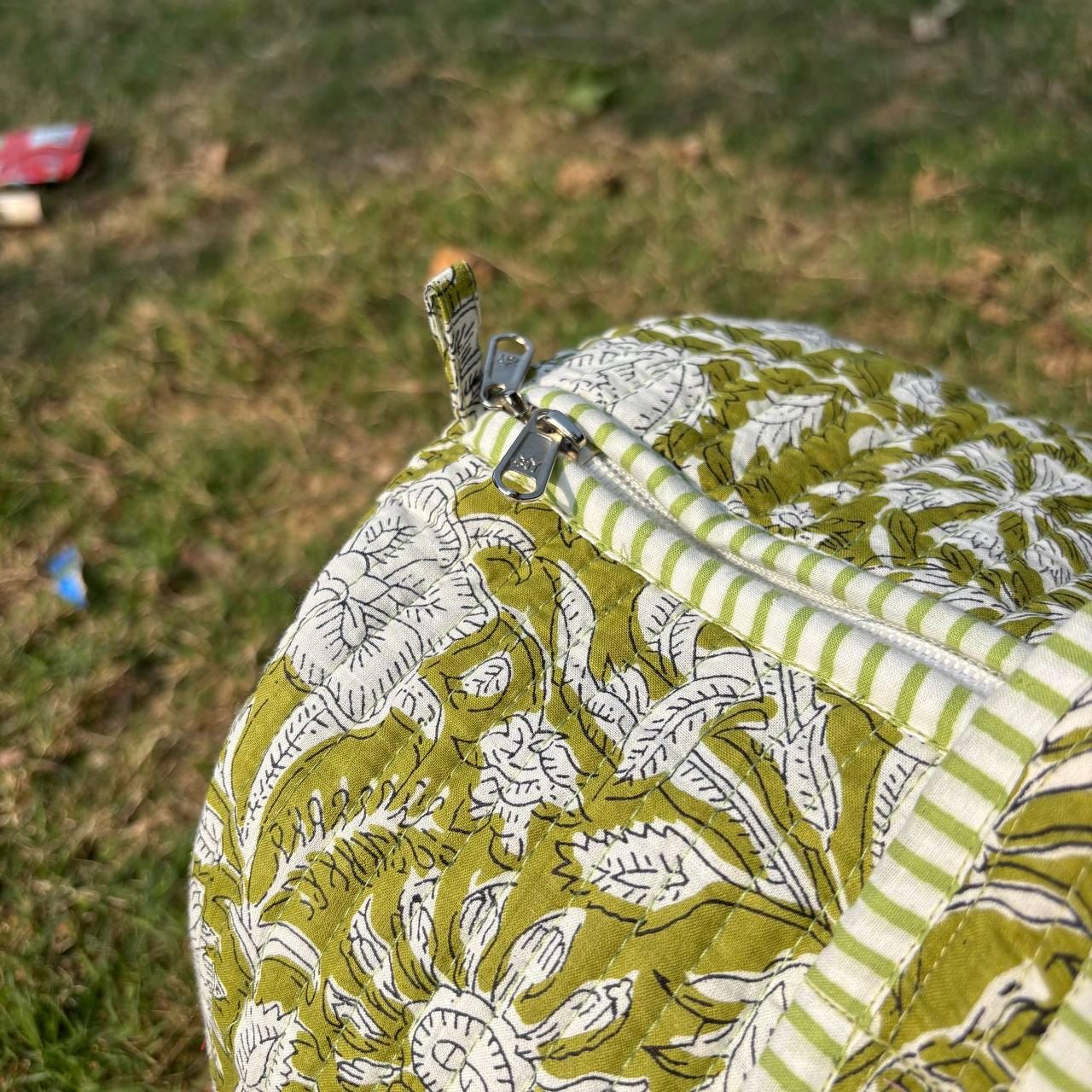 Handmade Limerick Green Floral Quilted Duffle Bag: Cotton Travel Gym Bag