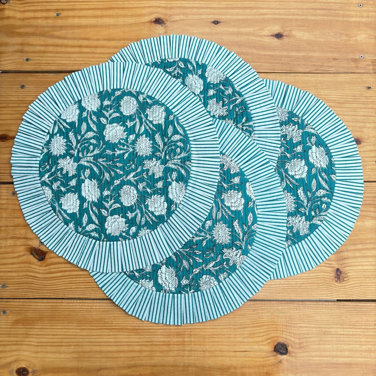 Teal Blue Floral Quilted Placemat & Napkin Set: Indian Artisan Craft