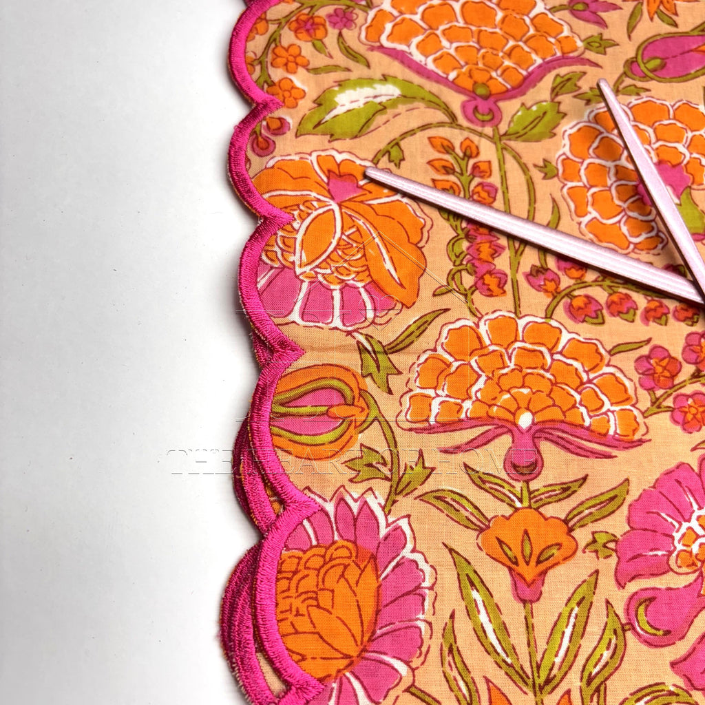 Orange Hand Block Printed Napkins: Embroidered Scallop Edge, Sustainable Cotton