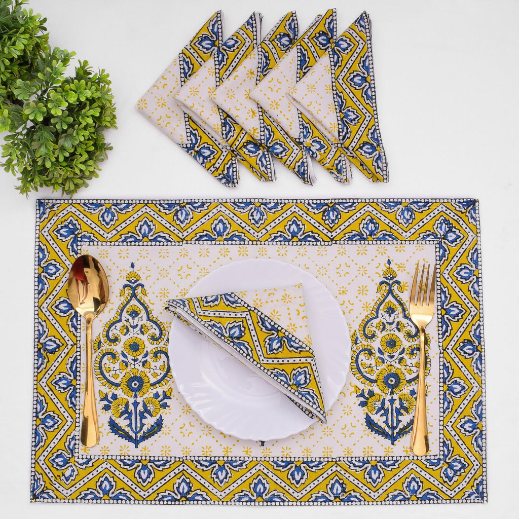 Hand Block Printed Placemats and Napkins: Mustard Floral Cotton Dining Set