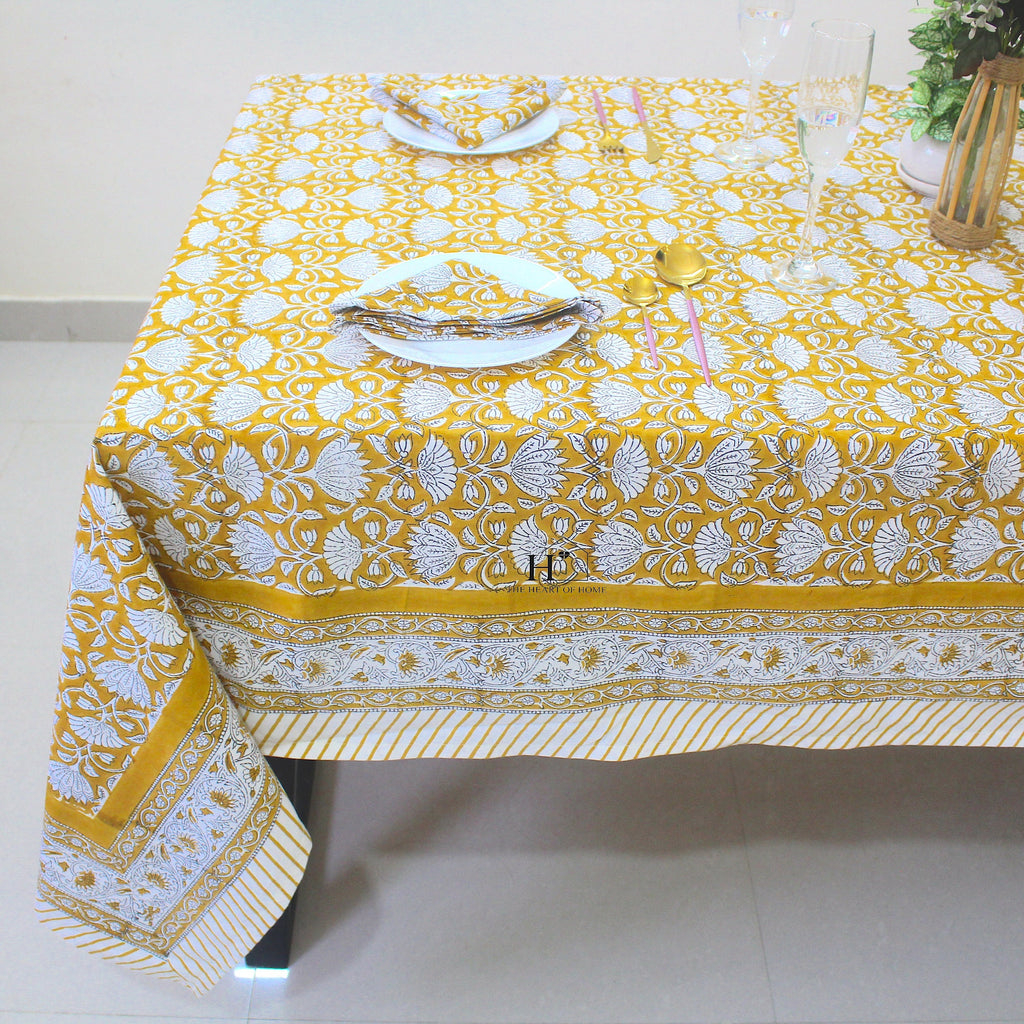 Mustard Floral Tablecloth: Hand-Block Printed Cotton, Waterproof Rustic Cover